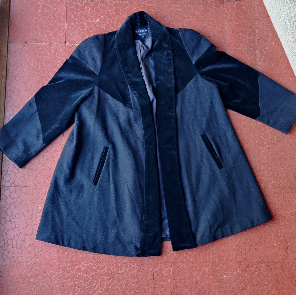 80s Donnybrook Wool Velvet Open Car Coat Women's 12 Black Trapeze Minimalist - Picture 1 of 16